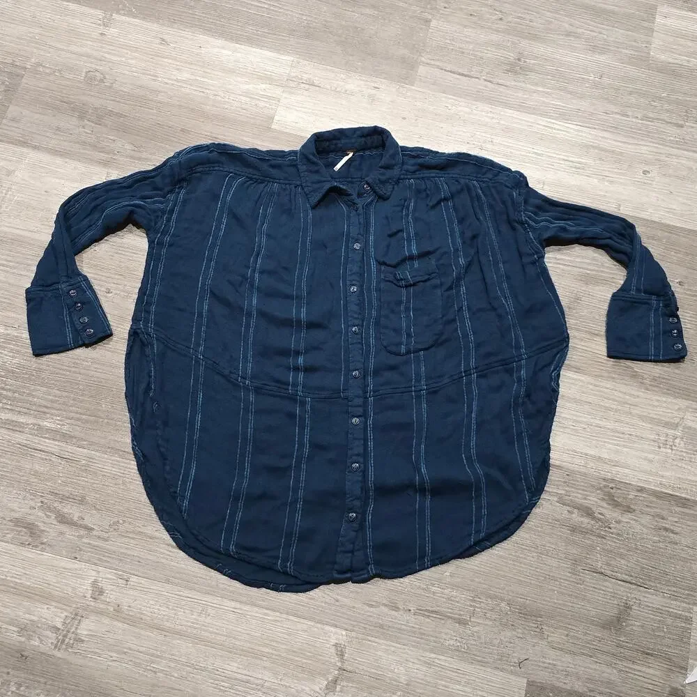 Free People Blue Striped Cozy Nights Oversized Button Up Long Sleeve Tunic Shirt - Picture 7 of 10